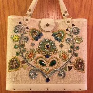 Vintage fabric bejeweled wooden purse/Handbag